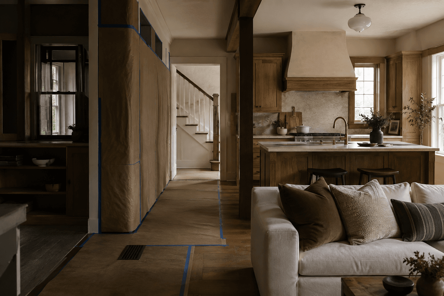Representative interior showing a carefully protected work area beside a warm finished kitchen and family room