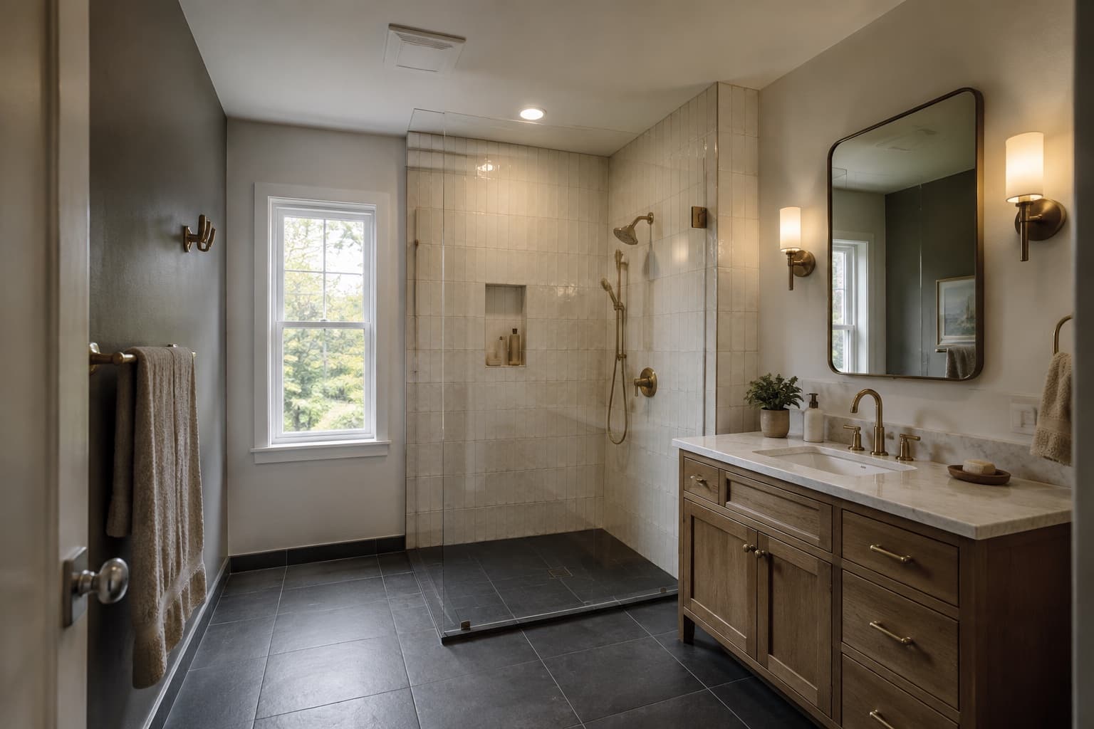 Finished bathroom with curbless shower, oak vanity, and ceiling exhaust fan